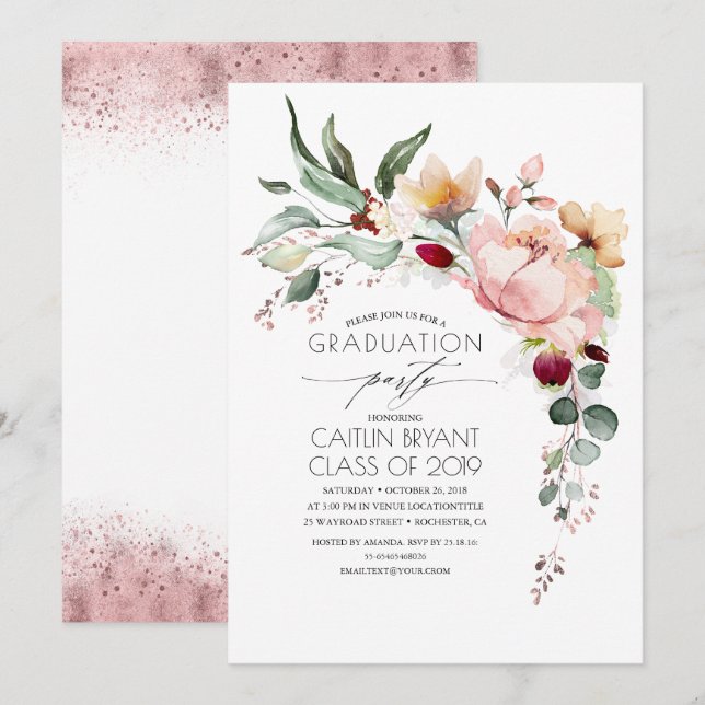 Metallic Rose Gold Glitter Floral Graduation Invitation (Front/Back)