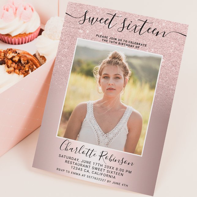 Metallic rose gold glitter ombre 3 photos Sweet 16 Invitation (Creator Uploaded)