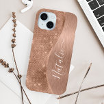 Metallic Rose Gold Glitter Personalised  iPhone 15 Case<br><div class="desc">Easily personalise this rose gold brushed metal and glamourous faux glitter patterned phone case with your own custom name.</div>