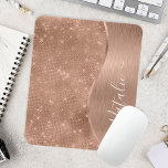 Metallic Rose Gold Glitter Personalised Mouse Mat<br><div class="desc">Easily personalise this rose gold brushed metal and glamourous faux glitter patterned mouse pad with your own custom name.</div>