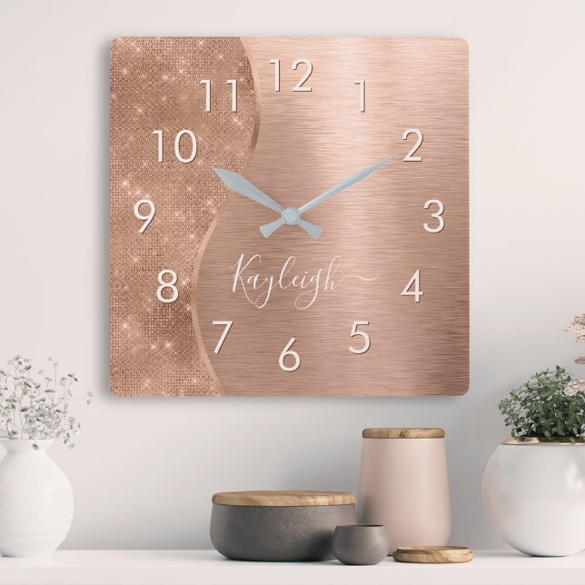 Metallic Rose Gold Glitter Personalised Square Wall Clock (Creator Uploaded)