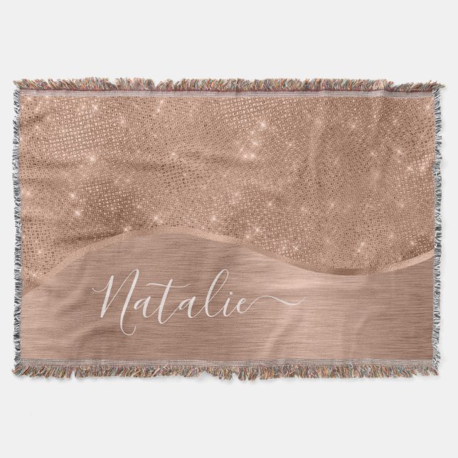 Metallic Rose Gold Glitter Personalised Throw Blanket (Front)