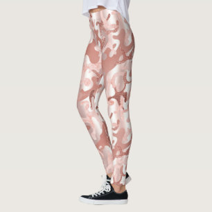 Metallic Rose Gold Glitter Pink Marble Camo Print Leggings