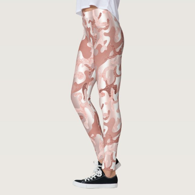 Metallic Rose Gold Glitter Pink Marble Camo Print Leggings (Left)