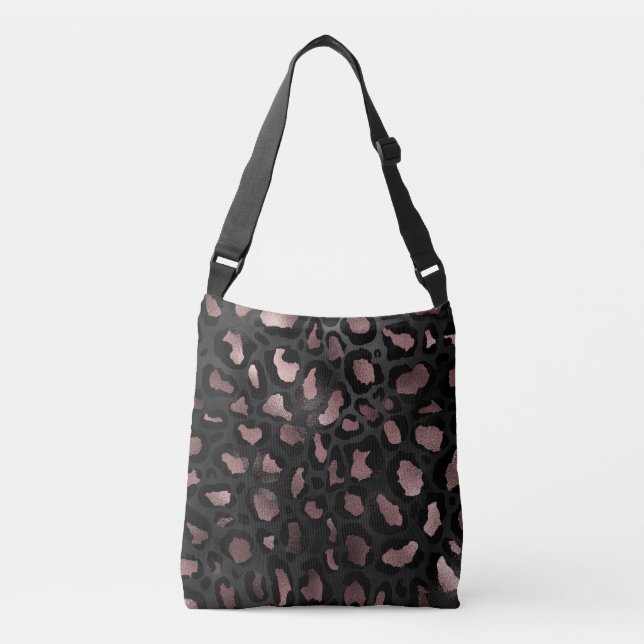 Metallic Rose Gold Leopard Spots on Black Crossbody Bag (Front)