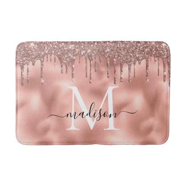 Metallic Rose Gold Monogram Pink Glitter Drips Bath Mat (Front)