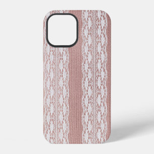 Metallic rose gold, off-white lace texture. iPhone 12 case