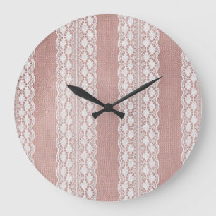 Metallic rose gold, off-white lace texture. large clock