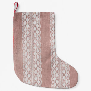 Metallic rose gold, off-white lace texture. small christmas stocking