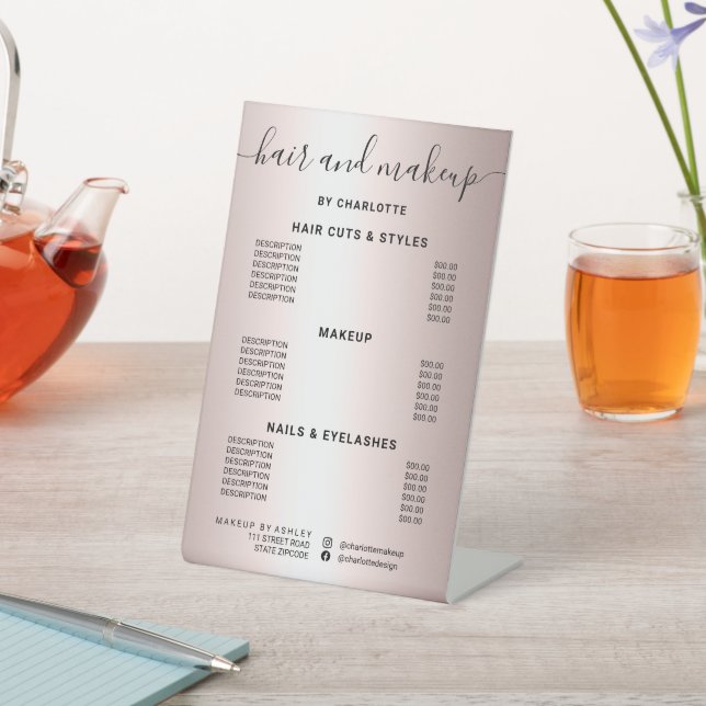 Metallic rose gold ombre hair makeup salon price pedestal sign (In SItu)