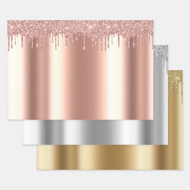 Metallic Rose Gold Silver Yellow Gold Glitter Drip Wrapping Paper Sheet (Set)