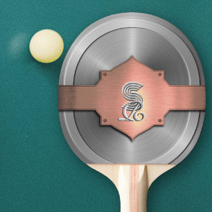 Metallic Rose Gold Steel trompe l’œil Monogram Ping Pong Paddle