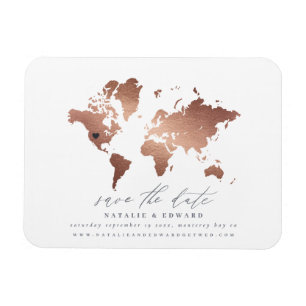 Metallic rose gold world map wedding announcement magnet