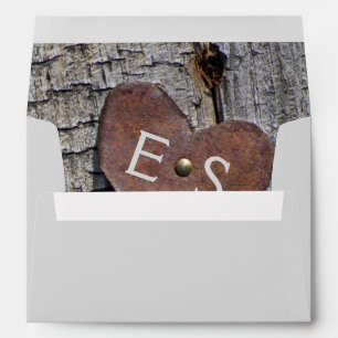 Metallic rusted heart, monogram on wood wedding envelopes