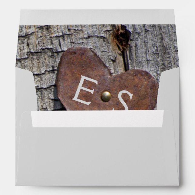 Metallic rusted heart, monogram on wood wedding envelopes (Back (Bottom))