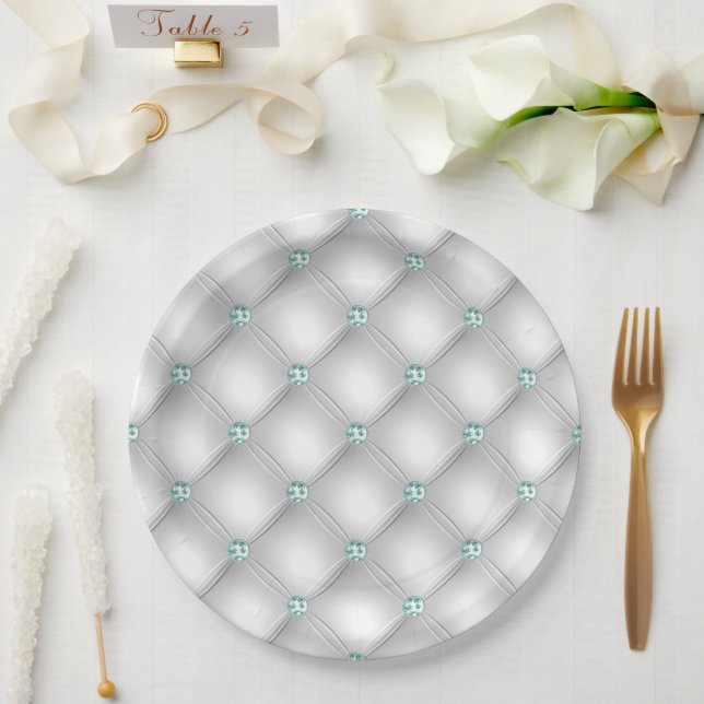 Metallic Satin White Mint Green Bling Glam  Paper Plate (Wedding)