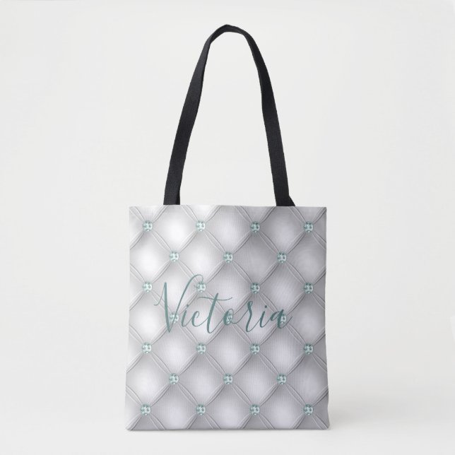 Metallic Satin White Mint Green Bling Name Tote Bag (Front)