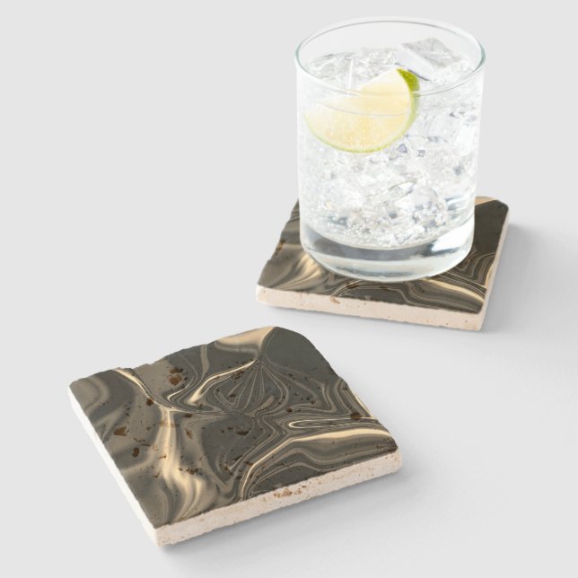 Metallic sepia undulations over dark background stone coaster (Side)