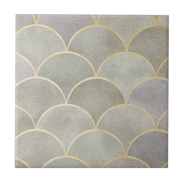 Metallic shiny art deco fan pattern, Deco, beautif Tile (Front)