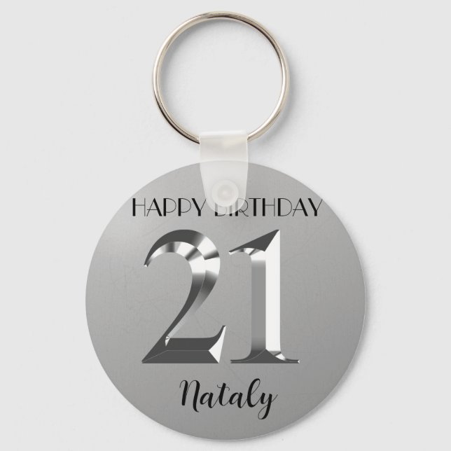 Metallic silver 21st birthday key ring (Front)