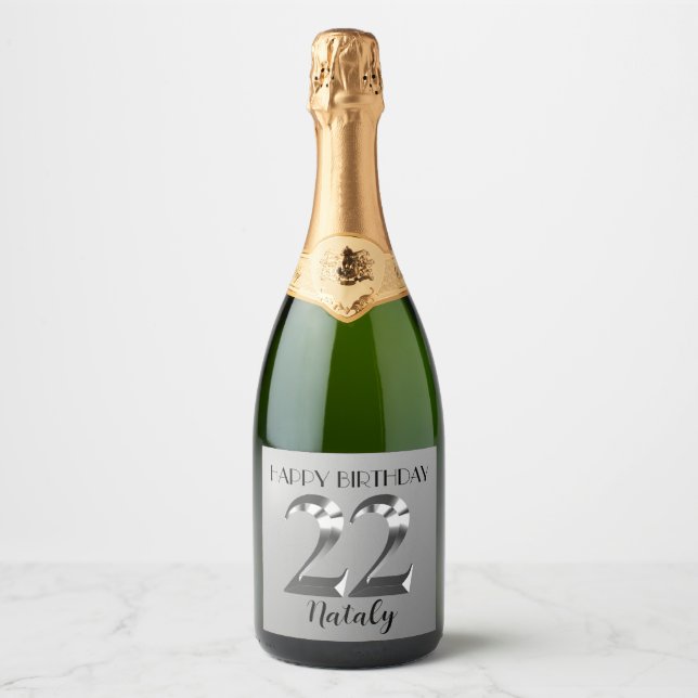 Metallic silver 22nd birthday sparkling wine label (Front)