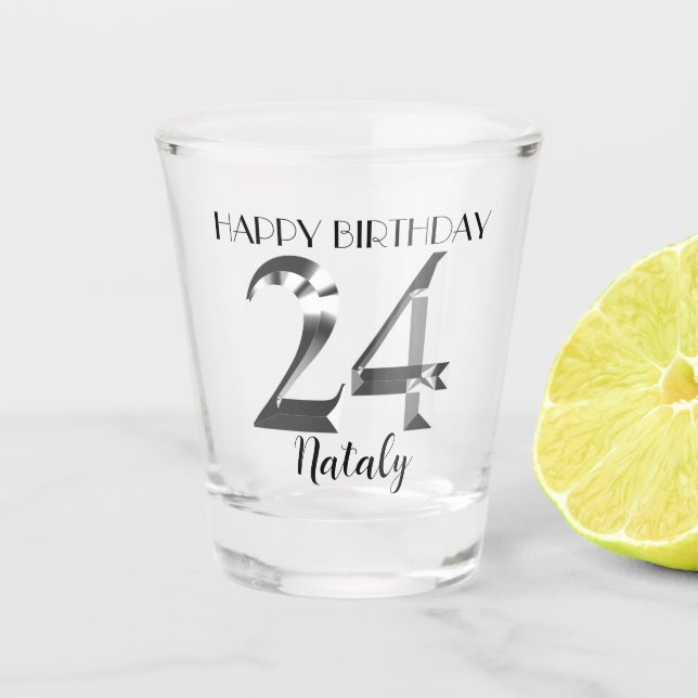 Metallic silver 24th birthday shot glass (Front)