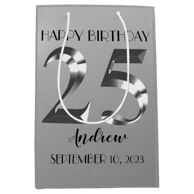 Metallic Silver 25th birthday Medium Gift Bag (Front)