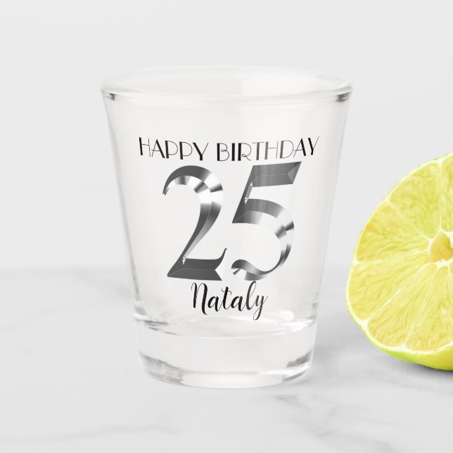 Metallic silver 25th birthday shot glass (Front)