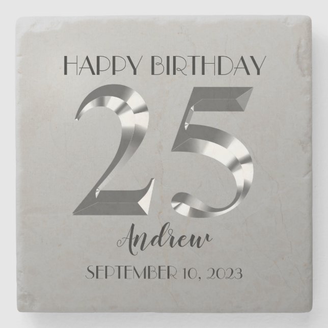Metallic Silver 25th birthday Square Stone Coaster (Front)