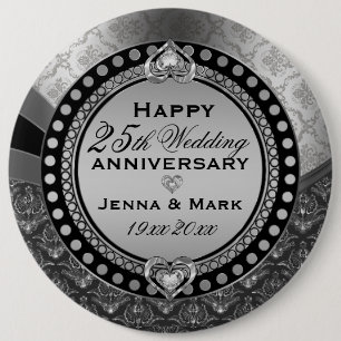 Metallic Silver 25th Wedding Anniversary 2 6 Cm Round Badge