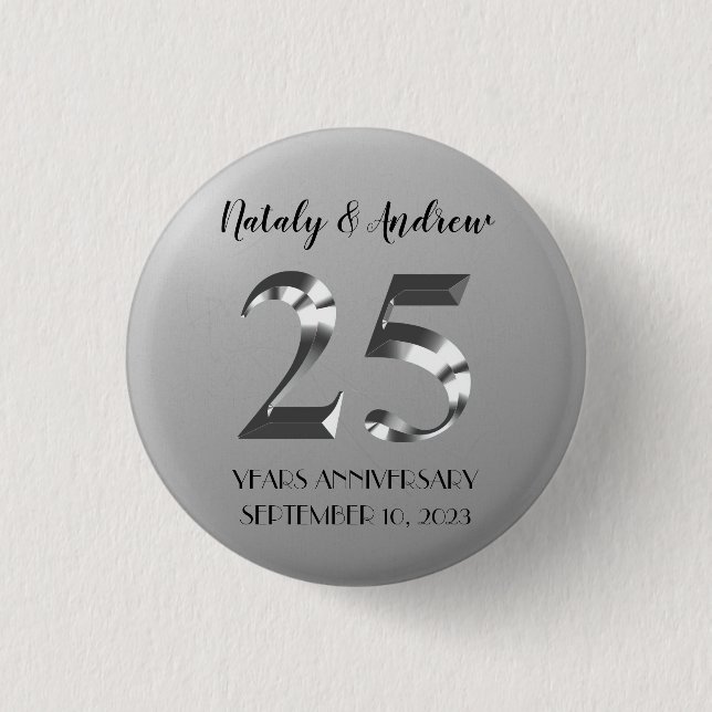 Metallic Silver 25th Wedding Anniversary 3 Cm Round Badge (Front)