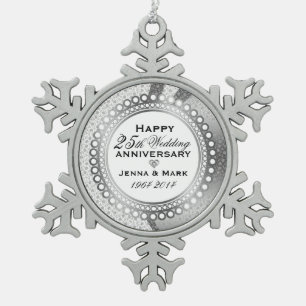 Metallic Silver 25th Wedding Anniversary 5 Snowflake Pewter Christmas Ornament