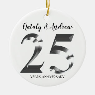 Metallic Silver 25th Wedding Anniversary Ceramic Tree Decoration