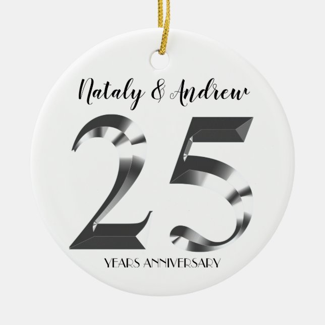 Metallic Silver 25th Wedding Anniversary Ceramic Tree Decoration (Front)