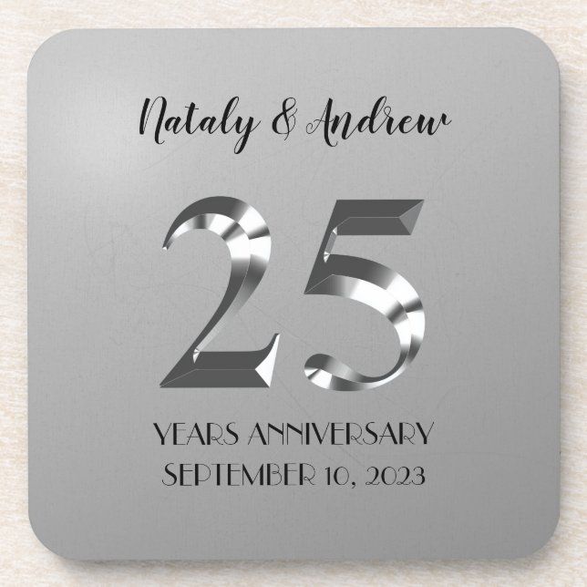 Metallic Silver 25th Wedding Anniversary Coaster (Front)