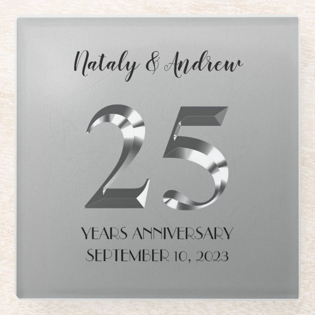 Metallic Silver 25th Wedding Anniversary Glass Coaster (Front)