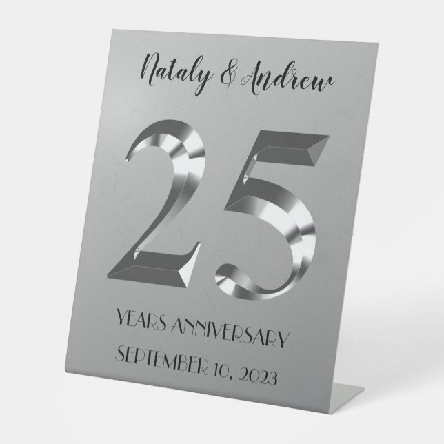 Metallic Silver 25th Wedding Anniversary Pedestal Sign (Front)