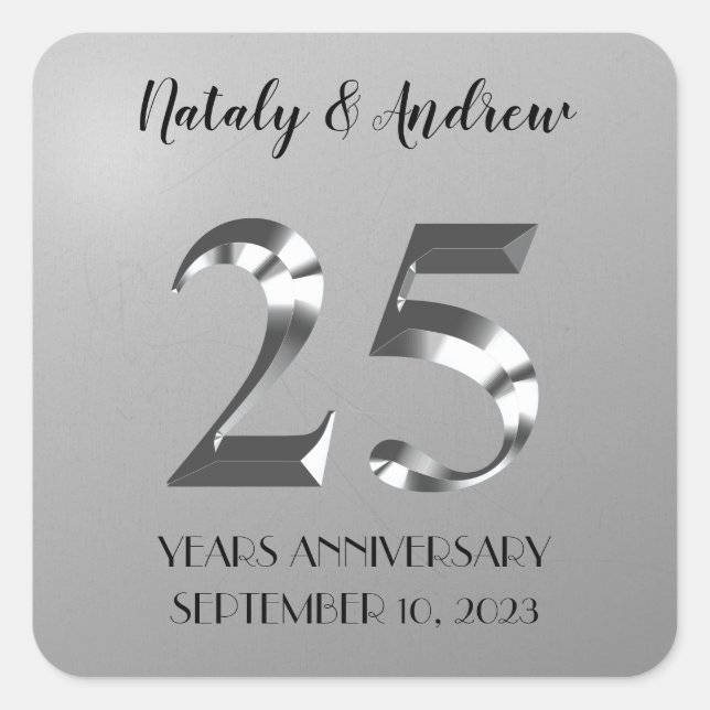 Metallic Silver 25th Wedding Anniversary Square Sticker (Front)