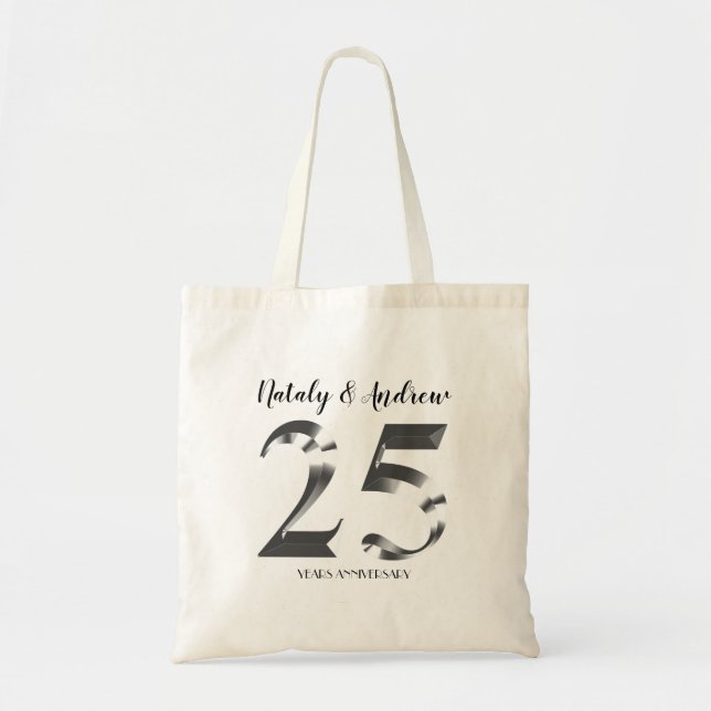 Metallic Silver 25th Wedding Anniversary Tote Bag (Front)