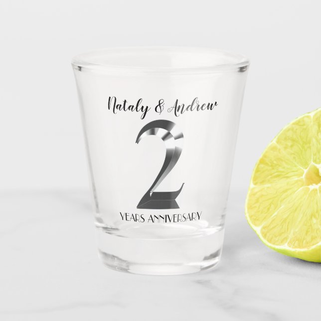 Metallic Silver 2th Wedding Anniversary Shot Glass (Front)
