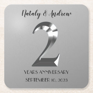 Metallic Silver 2th Wedding Anniversary Square Paper Coaster