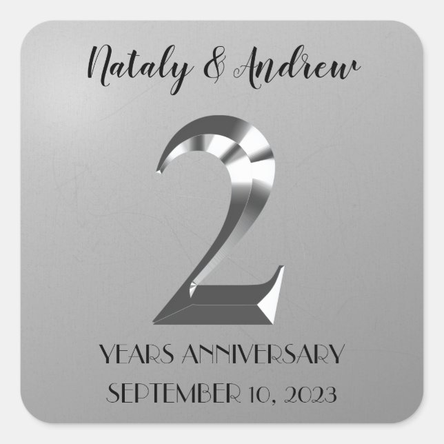 Metallic Silver 2th Wedding Anniversary Square Sticker (Front)
