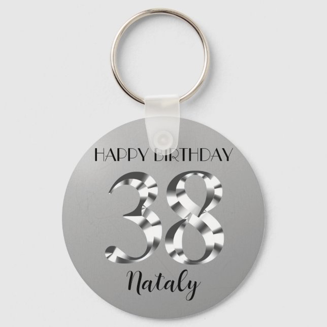 Metallic silver 38th birthday key ring (Front)