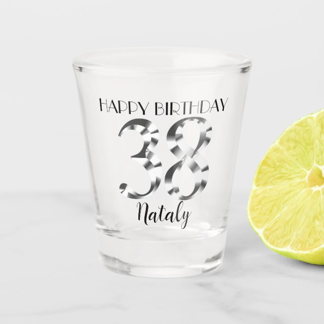 Metallic silver 38th birthday shot glass (Front)