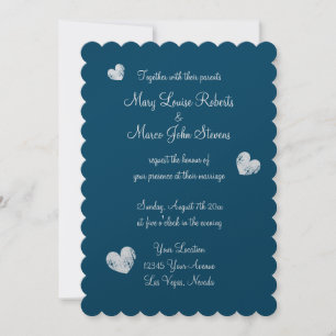 Metallic silver and blue scallop edge wedding invitation