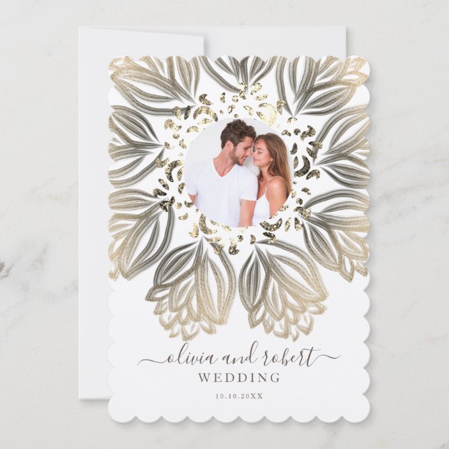 Metallic Silver and Gold Floral Photo Wedding Invitation (Front)