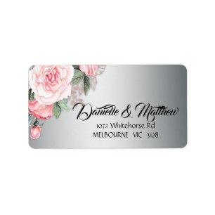 Metallic Silver and Pink Rose Bouquet Floral Label