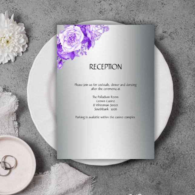 Metallic Silver and Purple Rose Bouquet Wedding Enclosure Card (Creator Uploaded)