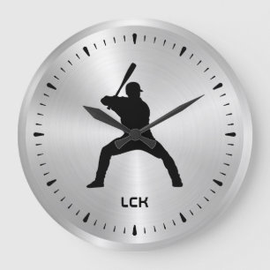Metallic Silver Black Baseball Player Silhouette Large Clock