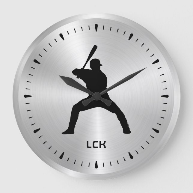 Metallic Silver Black Baseball Player Silhouette Large Clock (Front)